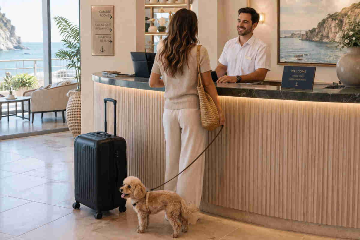Ragazza con barboncino e trolley che parla con il concierge di un albergo pet friendly