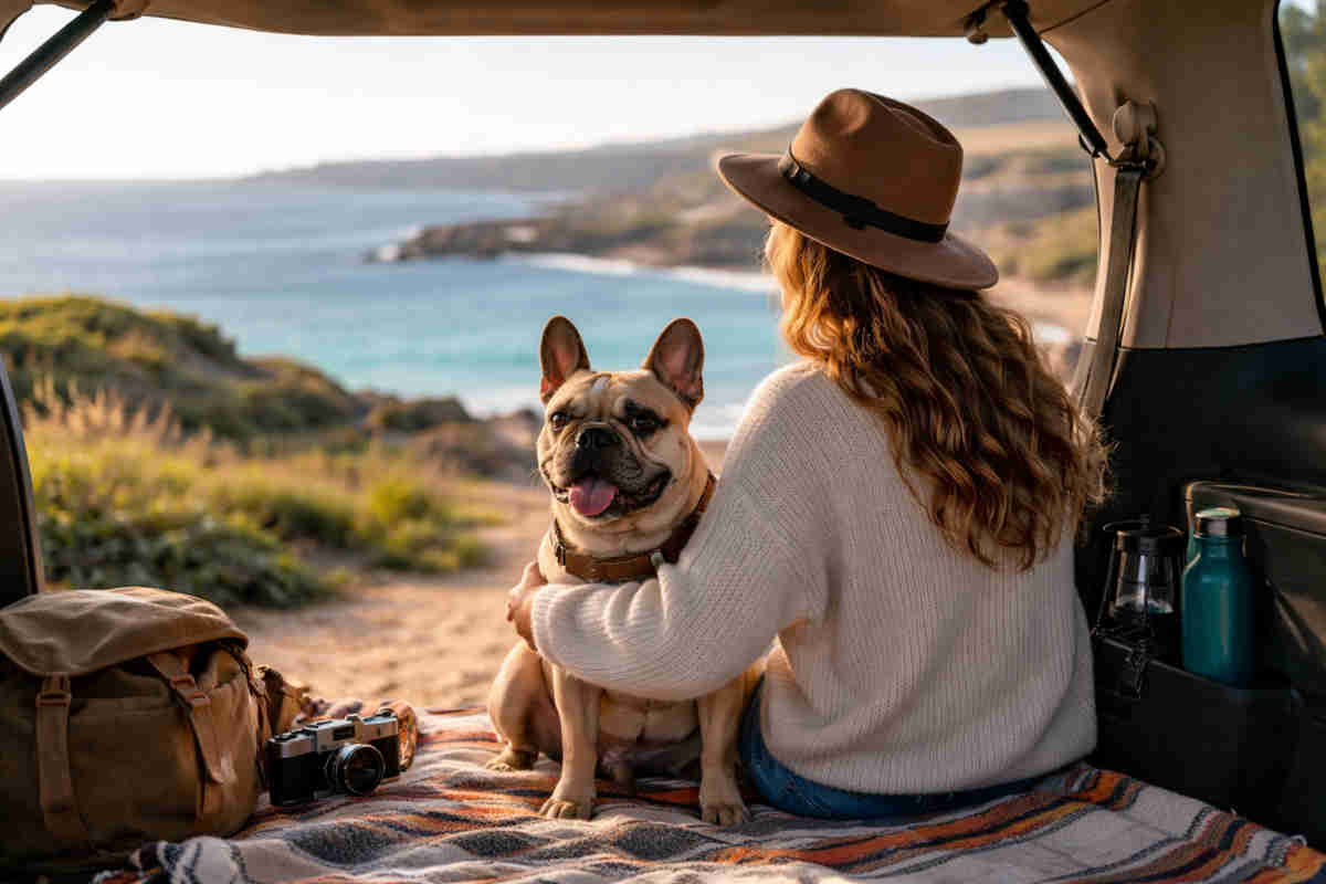 Ragazza seduta nel bagagliaio dell'auto con accanto il suo bulldog francese